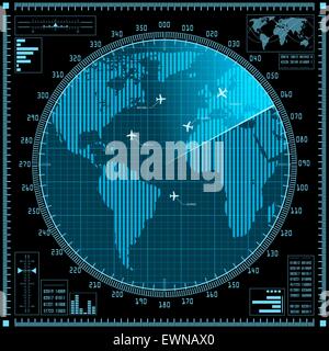 L'écran radar des avions bleu et carte du monde. Vector EPS10. Illustration de Vecteur