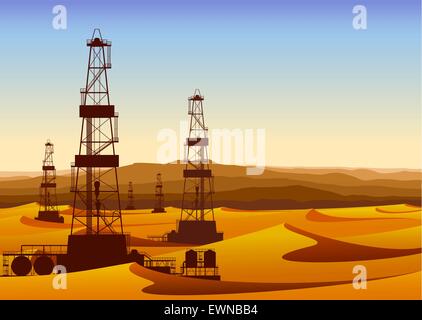 Paysage avec des plates-formes en désert aride avec des dunes de sable. Vector illustration détaillée. Illustration de Vecteur