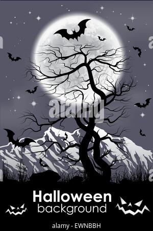 Arrière-plan de l'halloween avec foll lune et arbre sans vie. Vector illustration. Illustration de Vecteur