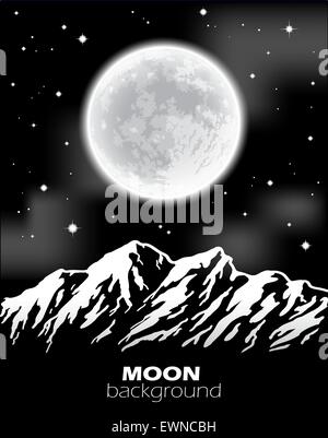 Pleine lune sur les montagnes. Paysage de nuit. Vector illustration. Illustration de Vecteur