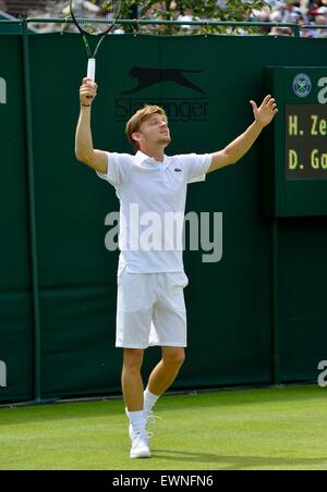 Wimbledon, Royaume-Uni. 29 Juin, 2015. Les Championnats de tennis de Wimbledon. Mens' des célibataires premier tour. David Goffin ( BEL ) célèbre © Plus Sport Action/Alamy Live News Banque D'Images