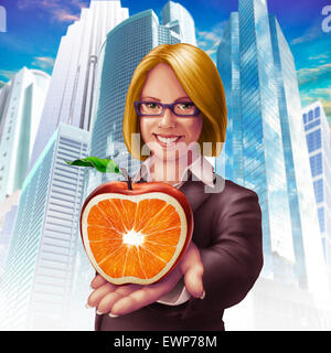 Businesswoman holding la moitié de pâte orange avec Apple en tant que concepts de fusion génétique Banque D'Images