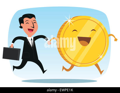 Businessman Happy go Lucky holding hands with coins Banque D'Images