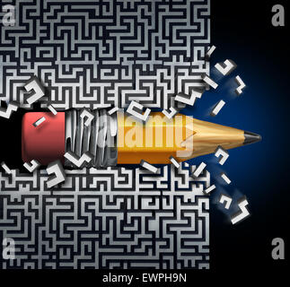 Solution innovante plan comme un crayon essayant de trouver moyen de sortir du labyrinthe brisant le labyrinthe comme un concept commercial et créatif métaphore de succès de la stratégie et planification réalisation. Banque D'Images
