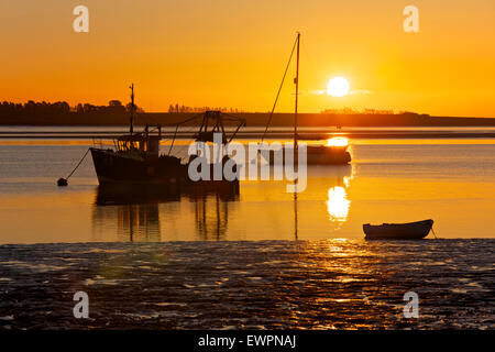 L'estuaire de Swale, Kent, UK. 30 Juin 2015 : la météo. Une lueur orange magnifique lorsque le soleil se lève dans un ciel clair matin calme, plus de bateaux amarrés dans la rigole de Harty ferry près de l'estuaire. L'air chaud de l'Afrique est réglé pour balayer vers le nord et prendre la température plus de 30°C le Mercredi avec des gens avertis de rester à l'intérieur Photo : Alan Payton/Alamy Live News Banque D'Images