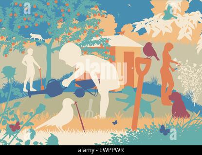 Vector illustration découpe modifiable colorés d'une famille le jardinage avec des chiots et de la faune Illustration de Vecteur