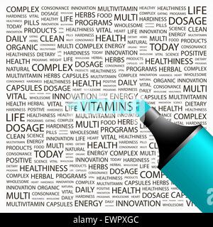 Les vitamines. Concept d'arrière-plan wordcloud illustration. Concept d'impression word cloud. Collage graphique. Illustration de Vecteur