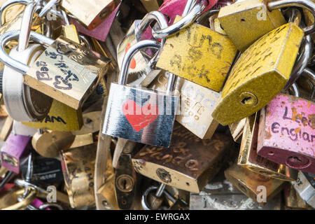 Cadenas d'amour sur le Pont de l'Archeveche,Archevêque Bridge.Photo quelques jours avant d'enlever la ville de cadenas du Pont des Arts, Paris. Banque D'Images