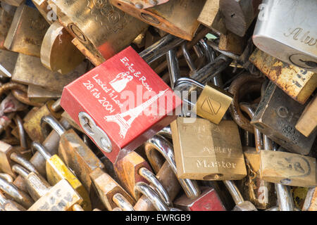 Cadenas d'amour sur le Pont de l'Archeveche,Archevêque Bridge.Photo quelques jours avant d'enlever la ville de cadenas du Pont des Arts, Paris. Banque D'Images