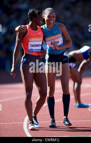 Jeneba TARMOH & Allyson Felix Women's 200m, IAAF Diamond League 2015, Alexander Stadium, Birmingham, UK, 7 juin 2015. Banque D'Images