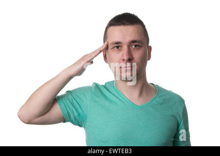 Salut jeune homme isolé sur fond blanc Banque D'Images