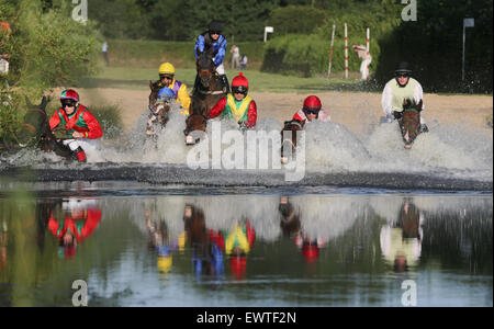 Hambourg, Allemagne. 30 Juin, 2015. Un champ de jockeys chase leurs chevaux à travers un étang pendant l'Motorenoel-Seejagdrennen equastrian alpin course effrénée à la piste de course de chevaux dans la région de Hambourg, Allemagne, 30 juin 2015. Photo : Axel Heimken/dpa/Alamy Live News Banque D'Images