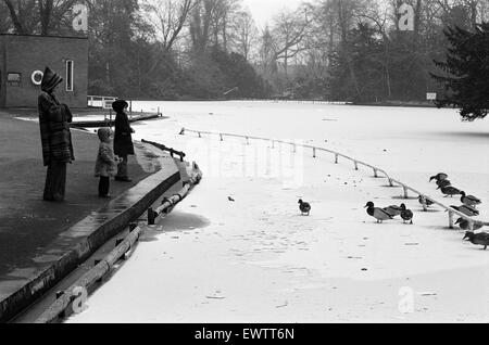 Lac gelé, Cannon Hill Park, Birmingham, Angleterre, le 12 février 1978. Banque D'Images