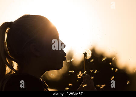 Rétro-éclairé par l'adolescente soufflant sun un pissenlit graines, semences de prendre le soleil copie espace en haut à droite de l'image Banque D'Images