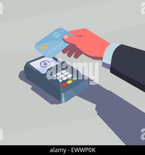 Le paiement sans contact. Homme main tenant la carte de crédit. La technologie NFC. Illustration de style rétro. Illustration de Vecteur