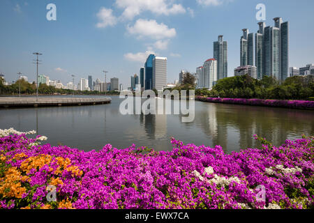 Parc Benjakiti, Skyline, fleur haie, Bangkok, Thaïlande Banque D'Images