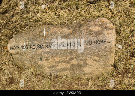 À partir de la phrase italienne la prière du Seigneur imprimé en lettres moulées sur un rocher sur l'herbe d'hiver Banque D'Images