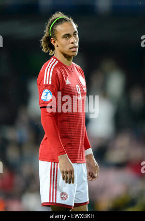 Prague, République tchèque. 27 Juin, 2015. Yussuf Poulsen réagit au cours de l'UEFA des moins de 21 championnats d'Europe 2015 de football match de demi-finale contre la Suède Danemark à Prague, République tchèque, 27 juin 2015. Photo : Thomas Eisenhuth/DPA - PAS DE FIL - SERVICE/dpa/Alamy Live News Banque D'Images