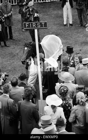 Vainqueur de la Gold Cup d'Ascot, quatre ans, hymne monté par Steve Cauthen, formateur Henry Cecil, appartenant à Lord Howard de Walden. 17 juin 1987. Banque D'Images