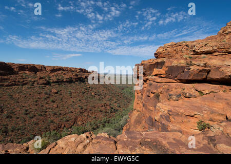 L'Australie, NT, Watarrka National Park. Kings Canyon Rim, à pied. Vue panoramique sur le désert rouge le long du canyon rim. Banque D'Images