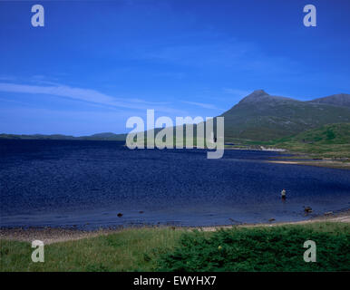 Pêche à la Mouche par Ardvreck Castle, Loch Assynt, Assynt, avec Quinag en arrière-plan, Sutherland, Scotland Banque D'Images