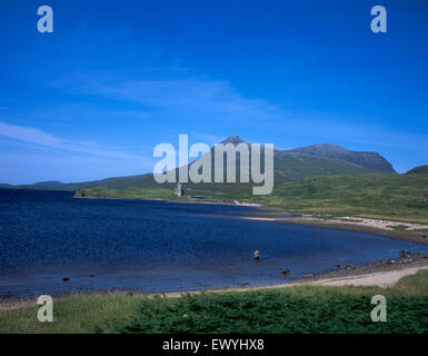 Pêche à la Mouche par Ardvreck Castle, Loch Assynt, Assynt, avec Quinag en arrière-plan, Sutherland, Scotland Banque D'Images