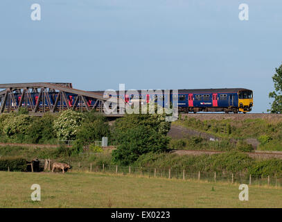 Premier grand train venant de l'Ouest sous un pont de chemin de fer recourbé par sur les niveaux de Somerset, Royaume-Uni Banque D'Images