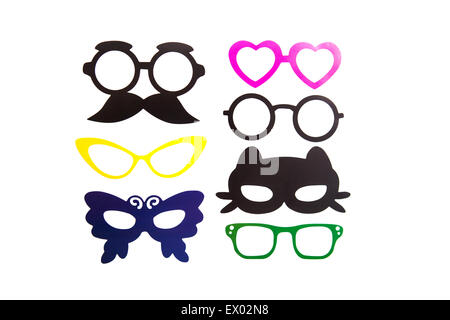 Anniversaire de Photobooth et Partie fixe - lunettes, chapeaux, couronnes, des masques, des lèvres, de la moustache Banque D'Images