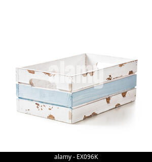 Ancien vide des caisses en bois peint en blanc et bleu couleurs isolé sur fond blanc. L'élément de conception. Clipping path Banque D'Images