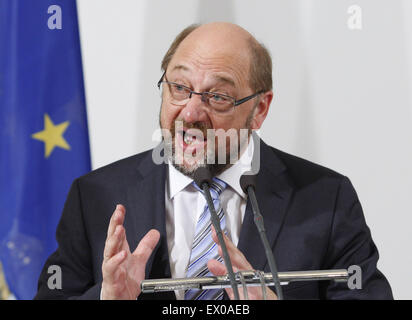 Kiev, Ukraine. 3 juillet, 2015. Martin Schulz, le Président du Parlement européen la parole au cours d'une conférence de presse à Kiev, Ukraine, 03 juillet 2015. Martin Schulz est arrivé à Kiev pour une visite officielle. Crédit : Serg Glovny/ZUMA/ZUMAPRESS.com/Alamy fil Live News Banque D'Images