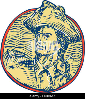 Gravure Gravure illustration style artisanal d'un patriote américain à côté de l'ensemble à l'intérieur du cercle. Banque D'Images