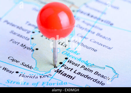 Plan macro sur une carte montrant la ville de Miami, Floride Banque D'Images