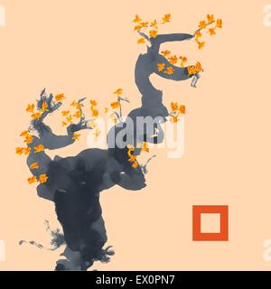 Modèle de carte de vœux dans le style japonais. Arbre en fleurs. Dessin encre vectorisé Illustration de Vecteur