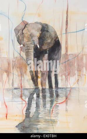 Aquarelle originale, éléphant debout dans un lac. Banque D'Images