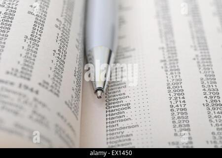 Plan macro sur une plume d'argent dans les pages d'un livre entre Banque D'Images