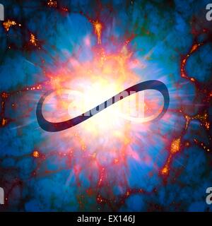 Boucle infini vu contre un rayonnement cosmique de fond représentant le big bang et la cosmologie Ce symbole représente la mathématique Banque D'Images
