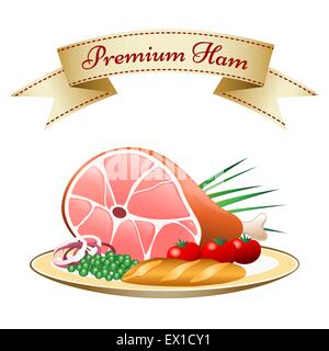 L'alimentation naturelle sur une assiette. Jambon et légumes sur une plaque avec jambon supérieur lettrage sur ruban. Isolé sur fond blanc. Illustration de Vecteur