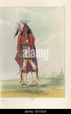 Pas guerrier iroquois-o-way, le penseur, avec couverture et tomahawk. Lithographie coloriée de George Catlin's Manners, les douanes et l'état des Indiens d'Amérique du Nord, Londres, 1841. Banque D'Images