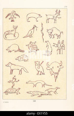 Dessins symboliques ou totems des Indiens dont le castor, bison, tortue, Fox. Lithographie coloriée de George Catlin's Manners, les douanes et l'état des Indiens d'Amérique du Nord, Londres, 1841. Banque D'Images