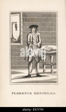 Florence Hensey, médecin irlandais condamné à mort pour haute trahison comme un espion français en 1759. Graciés deux semaines plus tard. Illustré par des chaînes dans une cellule de prison, avec un corps suspendu à une potence à l'extérieur de la fenêtre. La gravure sur cuivre de Jean Caulfield's Portraits, mémoires et caractères de personnes remarquables, jeune, Londres, 1819. Banque D'Images