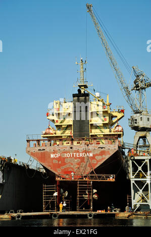 Peinture des travailleurs de la poupe du GPÉ Rotterdam en cale sèche flottante du port de Durban la main-d'œuvre de l'industrie des navires de transport Banque D'Images