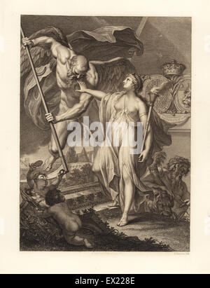 Image allégorique de Britannia avec flambeau holding back Père Temps avec faux, tandis que Plouton avec cornucopia repose sur un lion. La gravure sur cuivre par Francesco Bartolozzi après un dessin de Giovanni Battista Cipriani à partir de 108 plaques de pierres antiques, 1860. Banque D'Images