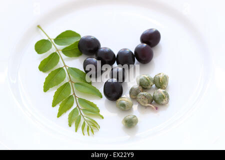 Les feuilles de curry ou Murraya Koenigii connu sous le nom de graines on white plate Banque D'Images