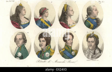 Portraits de Tsars russes, maison des Romanov : Anna 7, Ivan VI 8, Elizabeth 9, Peter III 10, Catherine II la Grande 11, Paul I 12, Alexander I 13, et Nicholas I 14. La gravure sur cuivre coloriée par Giarre et Stanghi de Giulio Ferrario Costumes d'antique et moderne des peuples du monde, Florence, 1847. Banque D'Images