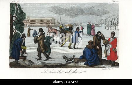 Patinage sur la glace devant l'Académie des beaux-arts de Saint-Pétersbourg. À droite, deux hommes acheter des boissons chaudes à partir d'un fournisseur avec un canon et des tasses. La gravure sur cuivre coloriée par Giarre et Stanghi de Giulio Ferrario Costumes d'antique et moderne des peuples du monde, Florence, 1847. Banque D'Images