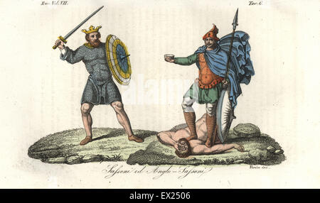 Roi de Saxe en cotte tunique à double tranchant et le bouclier, Et le roi anglo-saxon de l'Heptarchie, 8e siècle, en cuir pectoral debout sur un ennemi vaincu avec une tasse fabriquée à partir d'un crâne humain. La gravure sur cuivre coloriée par Verico de Giulio Ferrario Costumes d'antique et moderne des peuples du monde, Florence, 1847. Banque D'Images
