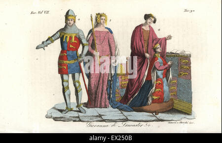 Edward le Prince Noir (à genoux) et Joan de Kent 4, la Reine Philippa de Hainault avec sceptre et couronne 3, et le roi Richard II en cotte de maille et l'armure de plaque 4. La gravure sur cuivre coloriée par Giarre et Stanghi de Giulio Ferrario Costumes d'antique et moderne des peuples du monde, Florence, 1847. Banque D'Images