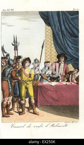 Oliver Cromwell dissolvant le long parlement, 1653, et la réception de la masse d'un soldat. La gravure sur cuivre coloriée par Giarre et Stanghi de Giulio Ferrario Costumes d'antique et moderne des peuples du monde, Florence, 1847. Banque D'Images