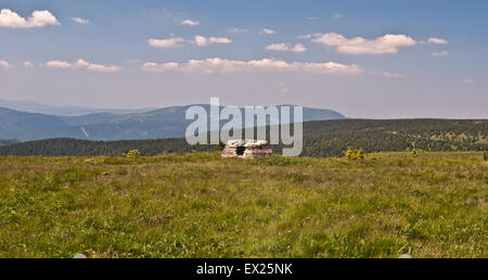 Prairie et ruines sur la colline parlementaire à trou Vysoka Jeseniky mountains avec panorama des montagnes de nice Banque D'Images