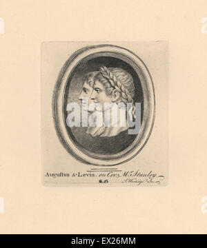 César Auguste, empereur romain, en couronne de laurier et sa femme Livie Julia Augusta. En cornaline gravée sur dans la collection de M. Stanley. La gravure sur cuivre par Minerve éclairant de James Vallentin's cent huit gravures de pierres antiques, 1863. Banque D'Images